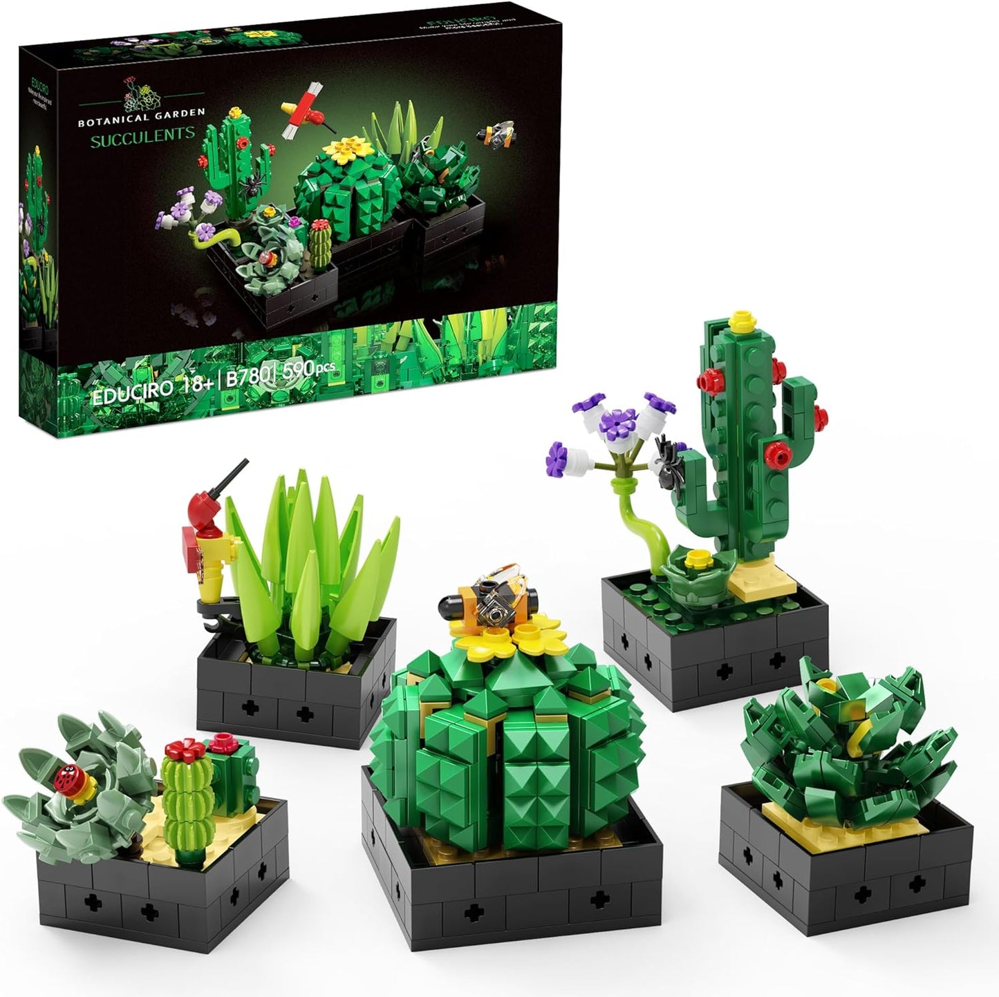 Succulents Plants Building Set for Adults - 5 Pack (590 Pieces), Valentines Day Gifts for Kids, Women,Her and Him, Botanical Collection Home Decor