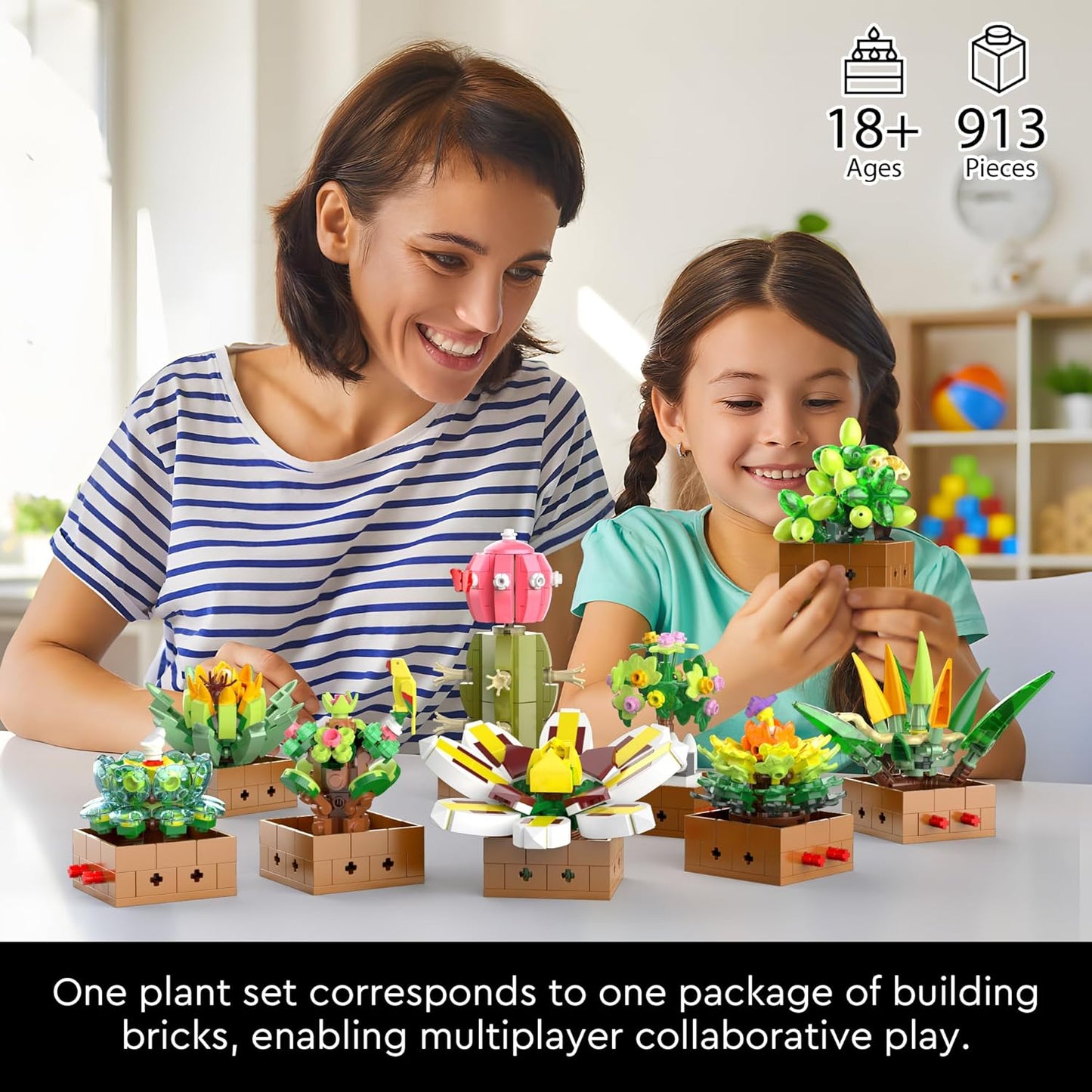 Ensemble de construction de bonsaï botanique à fleurs, jouets de construction succulents – paquet de 9, pour la décoration de la maison, la Saint-Valentin, la fête des mères, Noël pour adultes et enfants – 913 pièces 