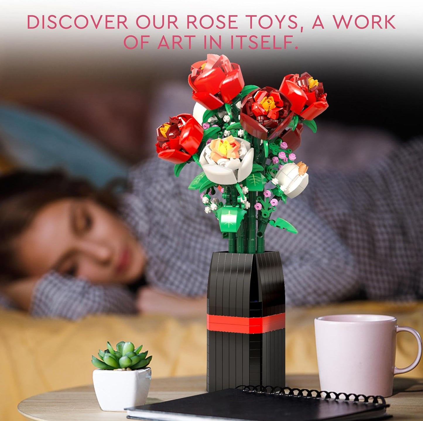 Blumenstrauß-Bausatz (818 Teile) – Weihnachts-, Muttertags- oder Valentinstagsgeschenk, ideal für Kinder, Frauen, Mädchen und Jungen, Rosen-Spielzeug-Bausatz mit Vase 