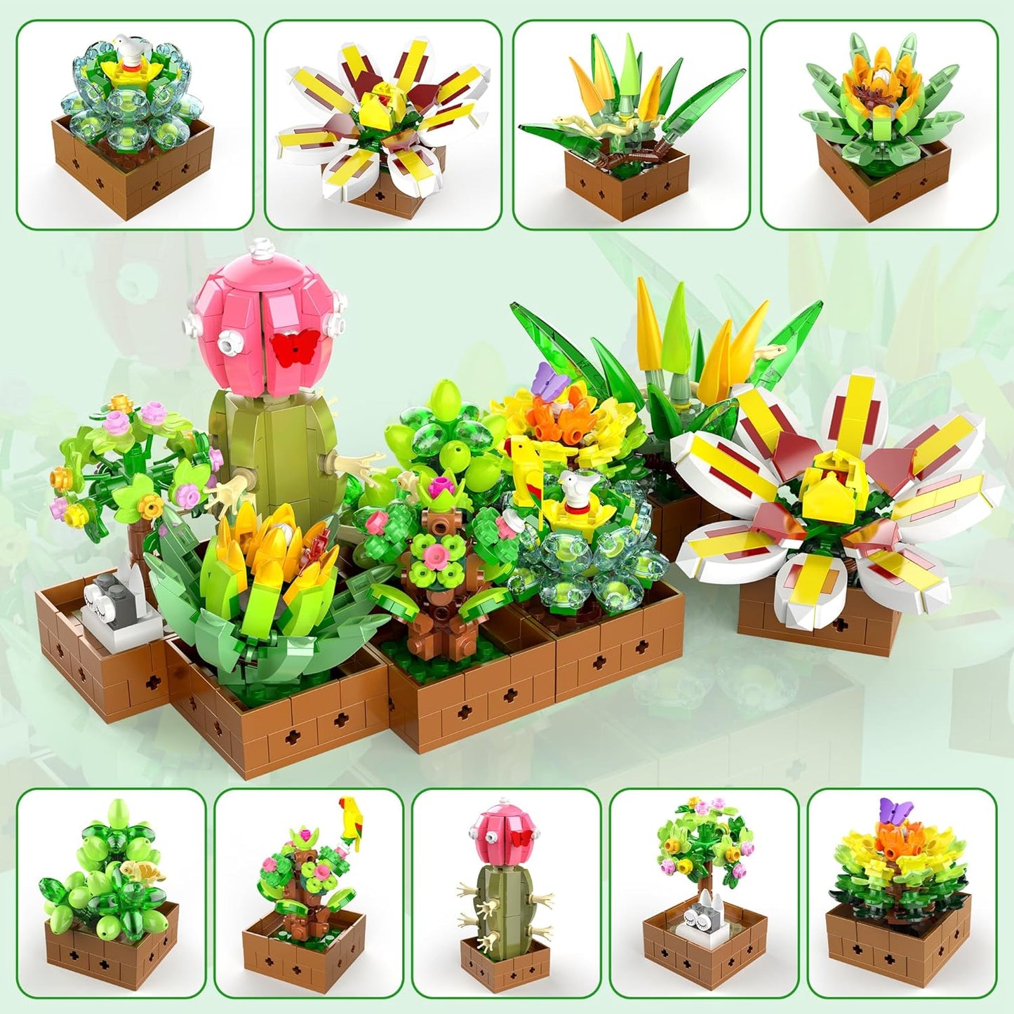 Blumen-Botanischer Bonsai-Bausatz, Sukkulenten-Bauspielzeug – 9er-Pack, für Heimdekoration, Valentinstag, Muttertag, Weihnachten für Erwachsene und Kinder – 913 Teile 