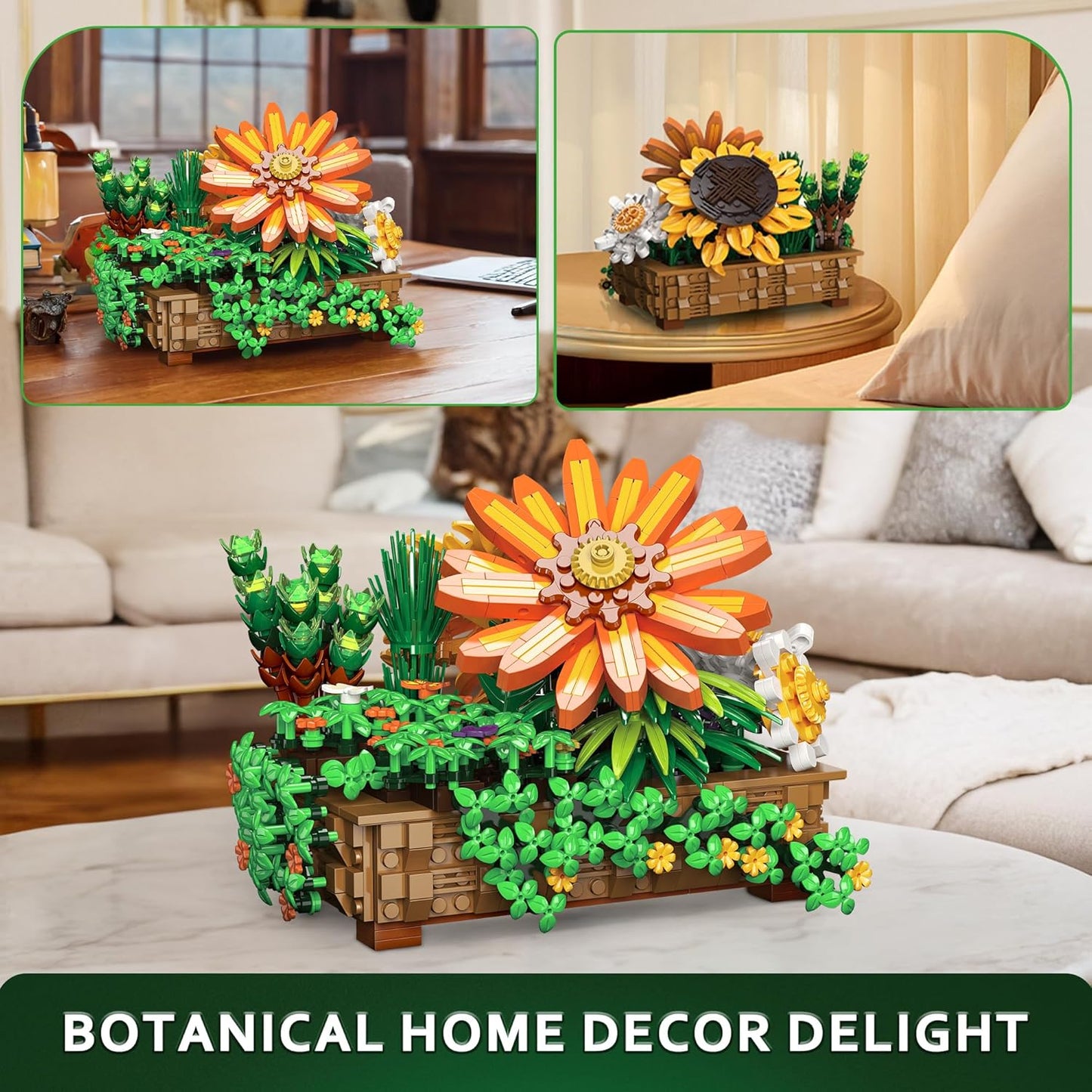 Under the Baubles Flower Botanical Bonsai Building Set - 924pcs, Home Decor, Mother's Day, Valentine's Day, Christmas for Adults and Kids, Climbing Ivy, Sunflower, Chrysanthemum.