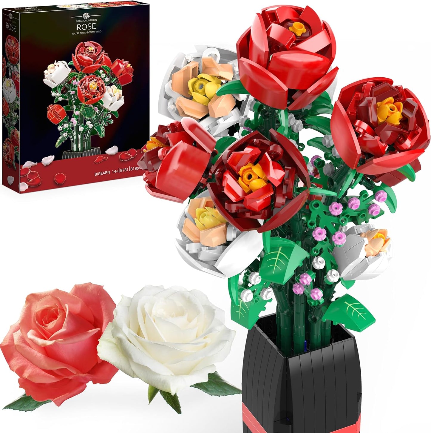 Ensemble de construction de bouquets de fleurs (818 pièces) – Cadeaux de Noël, de fête des mères ou de Saint-Valentin, idéal pour les enfants, les femmes, les filles et les garçons, ensemble de construction de roses avec vase 