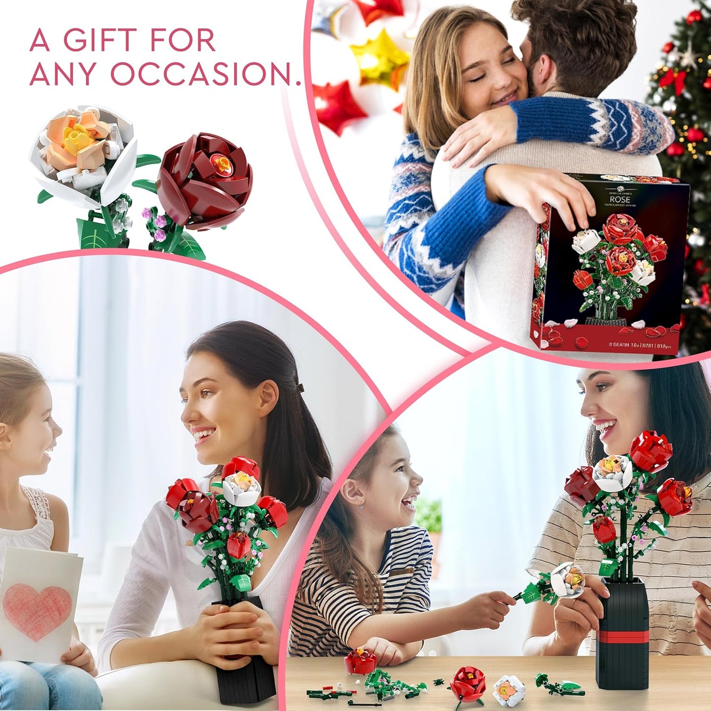 Blumenstrauß-Bausatz (818 Teile) – Weihnachts-, Muttertags- oder Valentinstagsgeschenk, ideal für Kinder, Frauen, Mädchen und Jungen, Rosen-Spielzeug-Bausatz mit Vase 