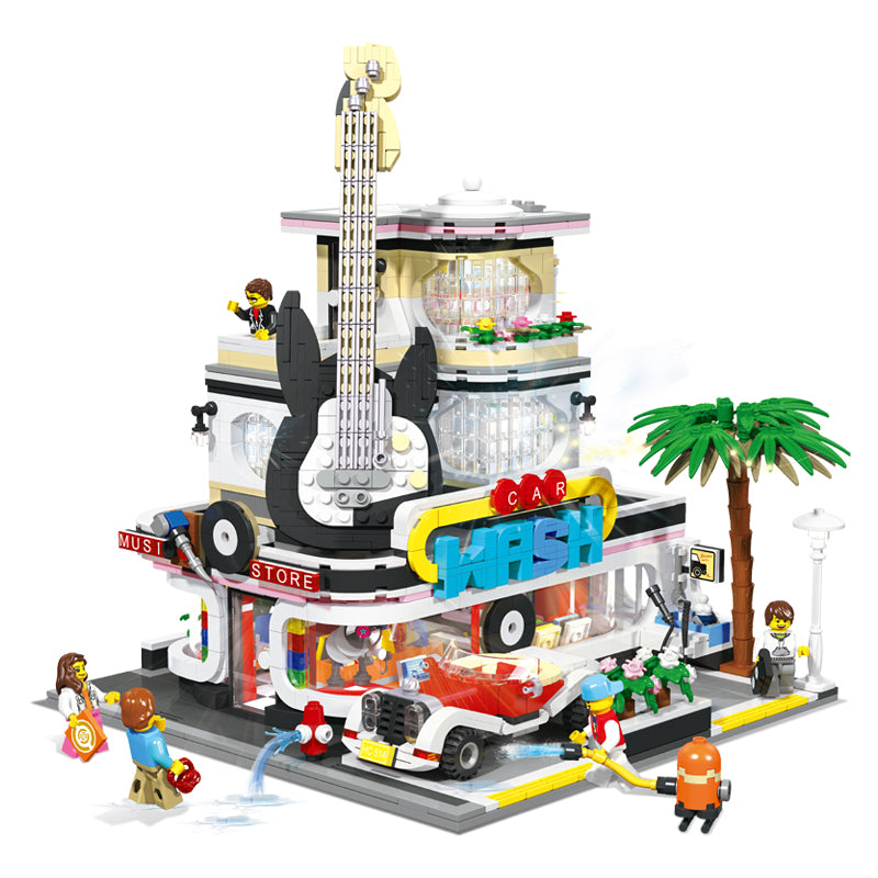 General Jim's Street View Creator Modular Building Blocks Toy Set - City Block Center - Music Store & Car Wash Toy Bricks - for Teens and Adults