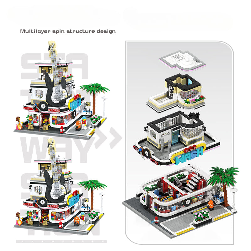 General Jim's Street View Creator Modulares Baustein-Spielzeugset - City Block Center - Musikladen &amp; Autowaschanlage - für Teenager und Erwachsene 